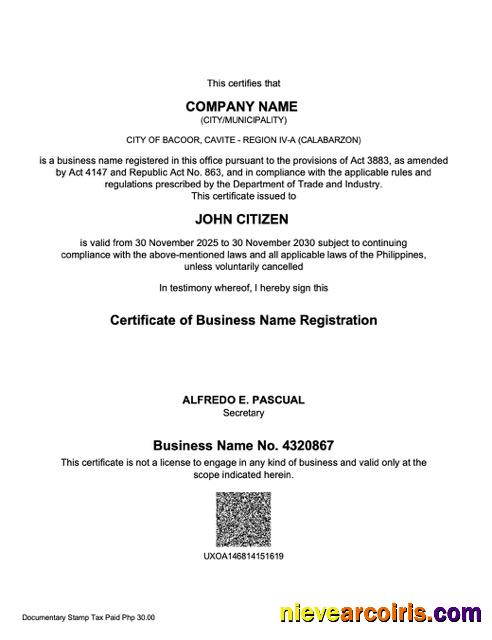 Philippines certificate of business name registration